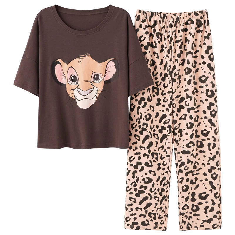 Summer Cotton Pajamas Women's Short Sleeve Pants Lion King Simba Leopard Print Kawaii Cartoon Loose Home Suit Pajama Sets Women