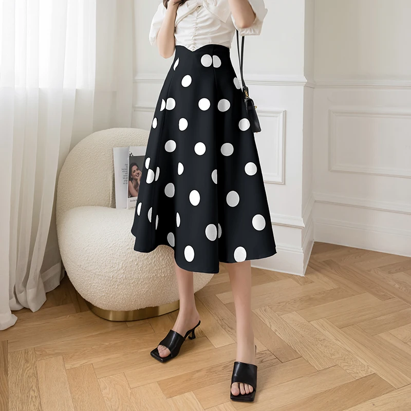 

Female Elegant Slim Thin Temperament Swing Skirt Women Chic High Waist A-line Retro Polka Dot Midi Long Skirts Ladies Streetwear