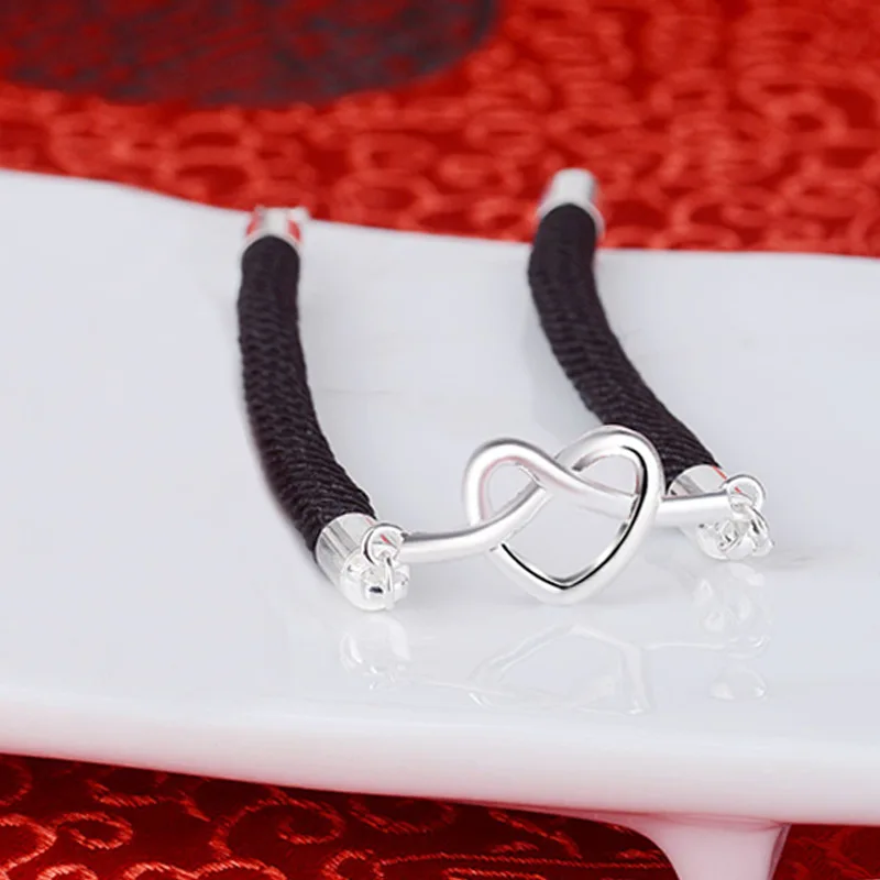 

New 925 Sterling Silver Couple Bracelets For Women Men Lovers Jewelry Love Knot Heart Pendant Black Red Rope Bracelet