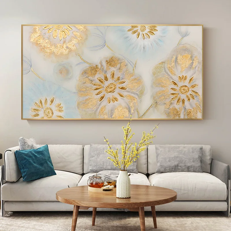 

Hand-painted Oil Painting Flowers Gold Light Luxury Modern Living Room Decorative Painting Nordic Atmosphere Backdrop Mural Pain