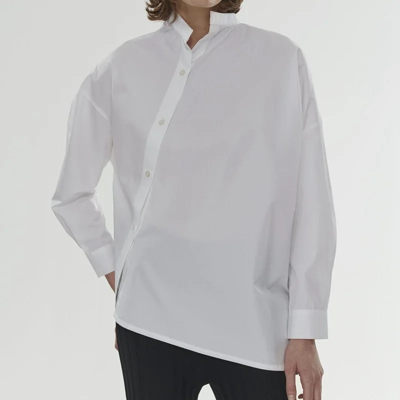 Асимметричная хлопковая рубашка большого размера с воротником стойкой длинными