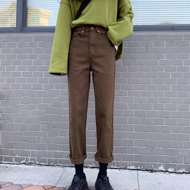 

Джинсы женские с завышенной талией, винтажные прямые мешковатые брюки-багги, брюки, одежда коричневого, черного, белого цветов