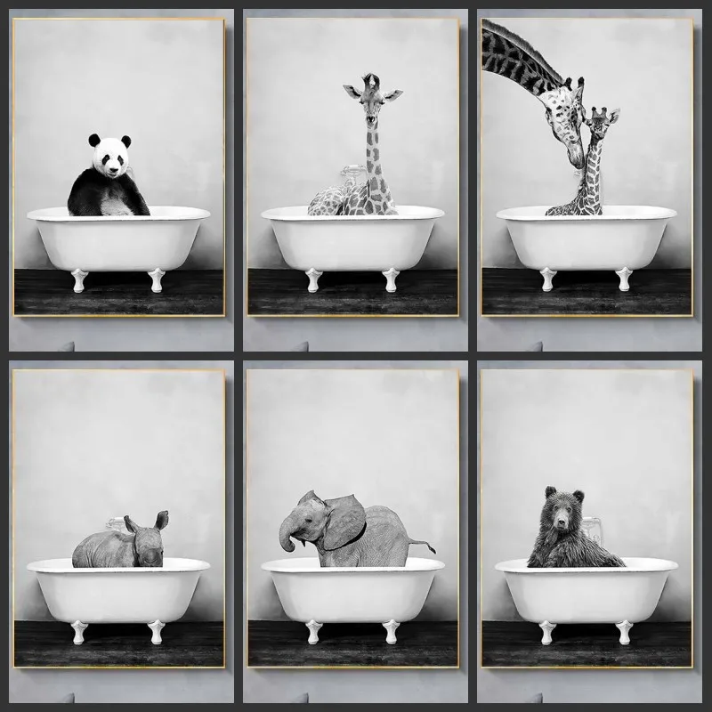 

Modern Art Baby Animal In Bathtub Poster Panda Giraffe Elephant Canvas Painting Poster and Prints Pictures Kid Room Decor