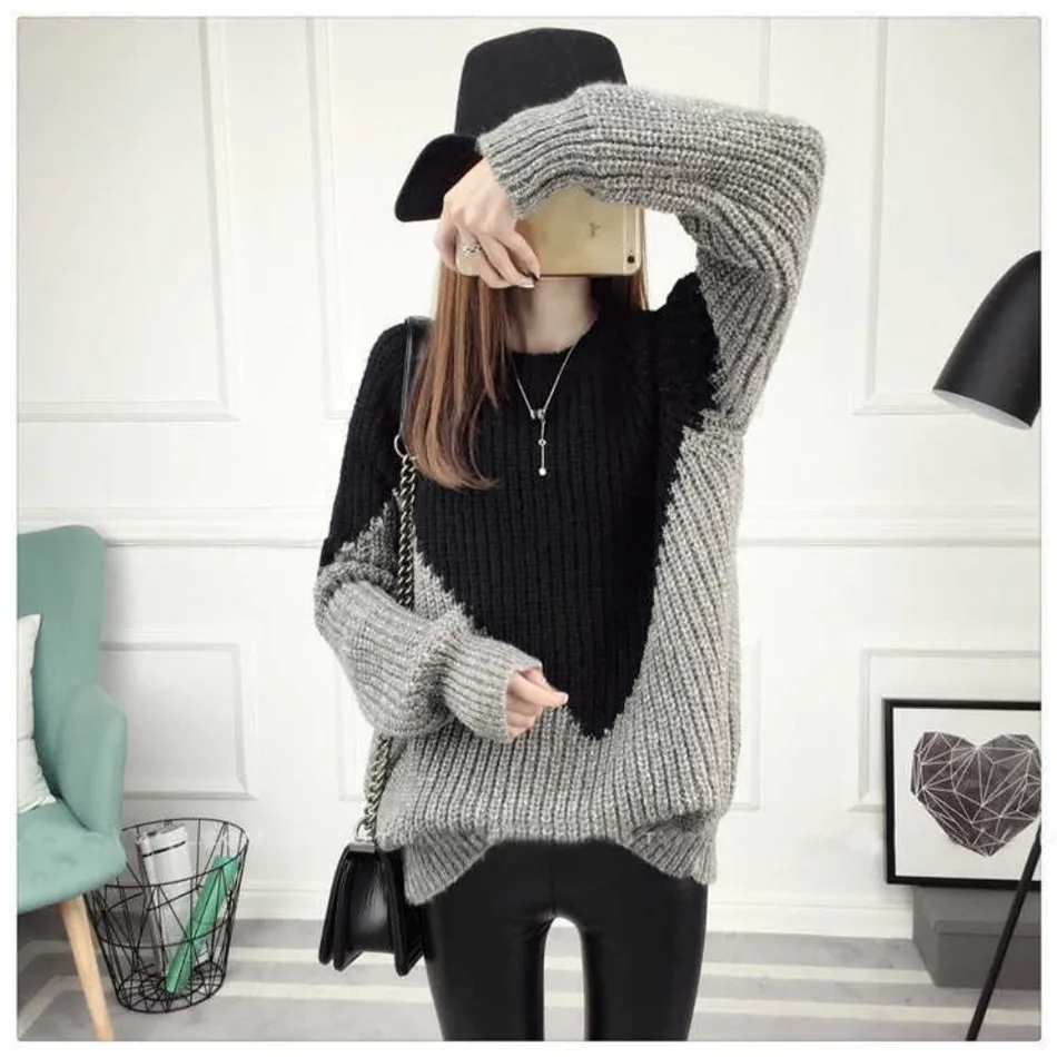 

Women Sweater Autumn Winter Lazy Style Knittng Pullover Color Matching O-Neck Jumper Thicken Warm Top TT1007