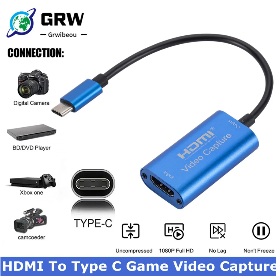 

GRWIBEOU HDMI-совместима с игровой картой захвата видео типа C, HD 1080P рекордер, живое потоковое устройство для Windows OS X Linux
