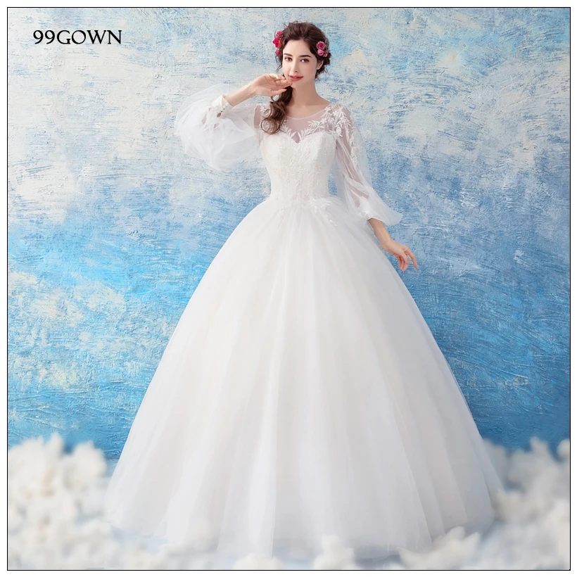 99GOWN, простые свадебные платья для свадебной церемонии, длинный рукав-фонарик, ТРАПЕЦИЕВИДНОЕ свадебное платье из тюля, с кружевами, с открытой спиной, бальное платье