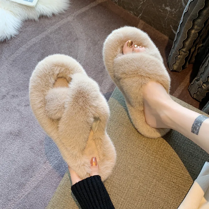 

Hairy Slippers Women's Outer Wear Ins Tide 2021 Autumn and Winter New Net Red Fashion Wild Flat-bottomed Cross Home Cotton Drag
