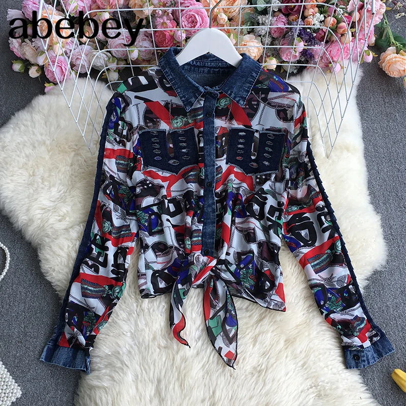 

2022 New Spring Autumn Vintage turn down collar long sleeve Shirt denim Chiffon patchwork single breasted short print Shirt Top