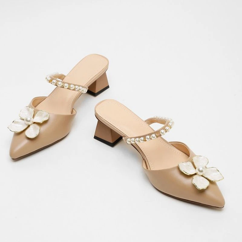 Billig REAVE KATZE Frühling Sommer Neue Frauen Slipper Echtem Leder Halbe Dicken Heels Spitz Elegante Blume Maultiere Casual Schuh 42 B2616