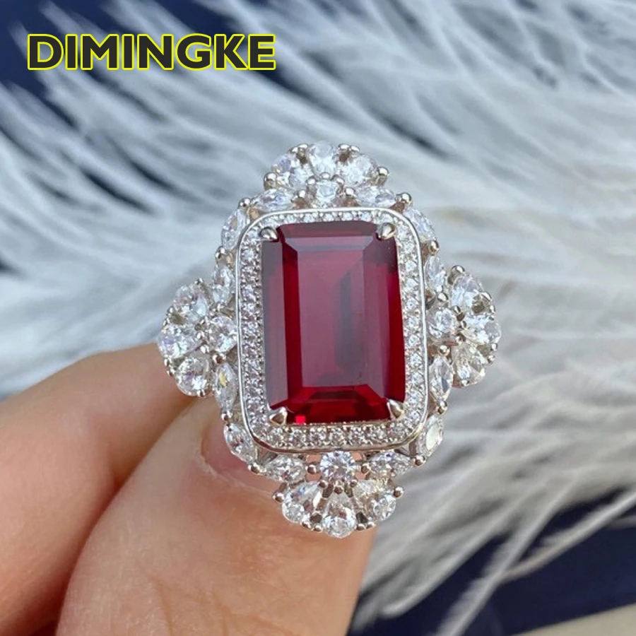 

DIMINGKE 10*16 Rectangular Vintage Ruby Female Ring 100%-925 Sterling Silver High Jewelry Anniversary Derivative Gift