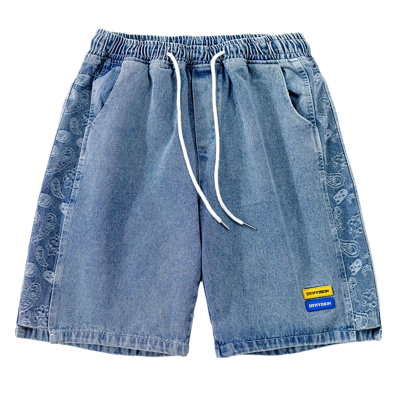 

LACIBLE Summer Mens Denim Shorts Bandana Paisley Pattern Patchwork Short Jeans Streetwear Harajuku Shorts Pants Elastic Waist