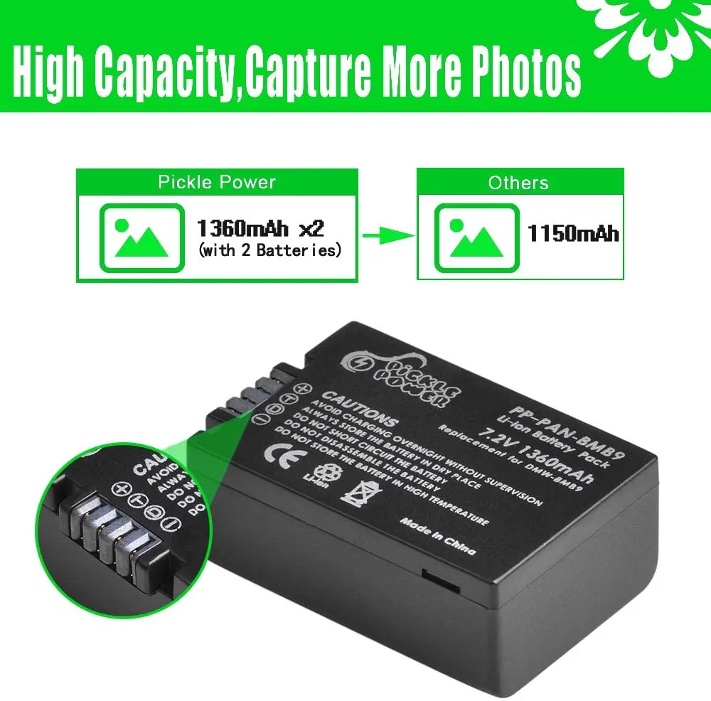 Pickle Power DMW-BMB9 DMW-BMB9E Battery + LED Dual Charger for Panasonic Lumix DMC FZ40K FZ45K FZ47K FZ48K FZ60 FZ70 FZ100 FZ150 |