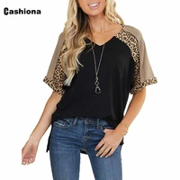 cashiona women tops streetwear 2021 patchwork leopard t shirt ladies casual tees short sleeve v neck tshirt sexy femme clothing