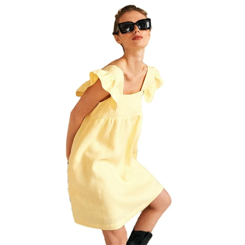 

2021 New Solid Color Yellow Mid-length Skirt Fashion Commuter High Waist Ruffled Flying Sleeve Dress