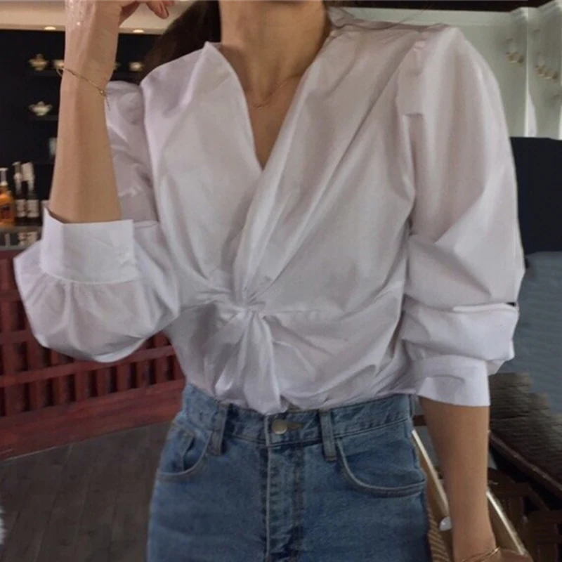 

V Neck White Twist Shirt For Women Lapel Long Sleeve Minimalist Korean Blouse Female Fashion New Clothing Spring Stylish XC847