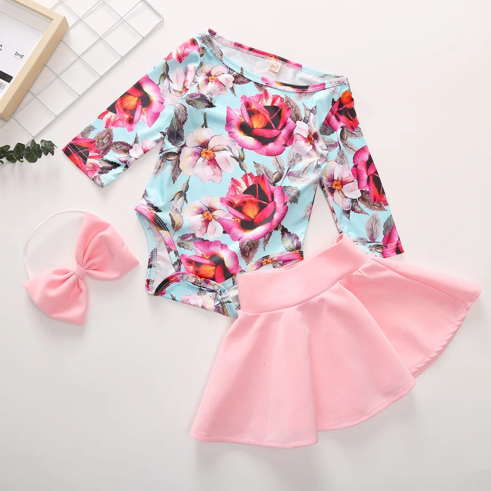 3 шт. Детский комбинезон с длинным рукавом розовое платье и повязка на