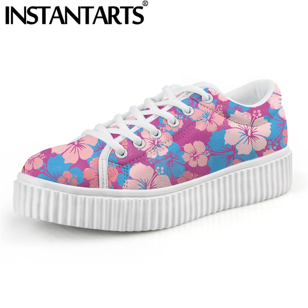 

INSTANTARTS New Style Girls Light Platform Shoes Brand Design Hibiscus Printed Casual Sneakers for Women Lace up Scarpe 2021