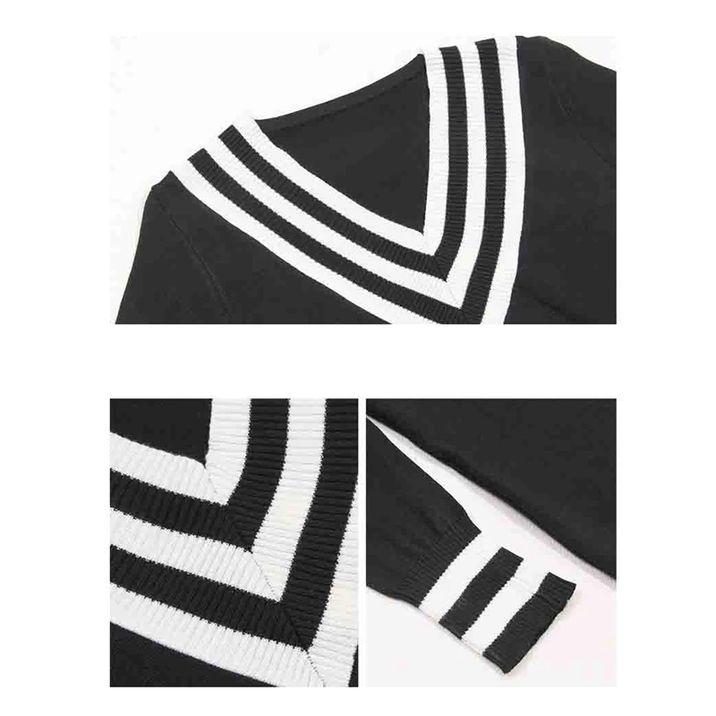 Women Autumn Winter Knitted Striped Dress Female Contrast Color Preppy Style Loose Sexy V-Neck Pullovers | Женская одежда