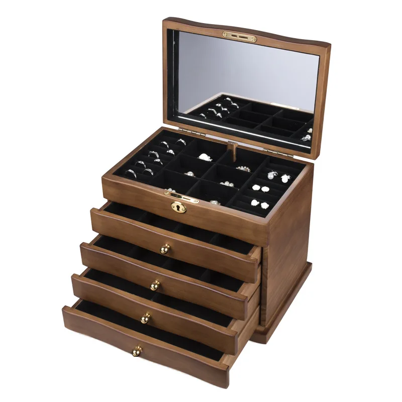 2021 New 5-Layer Solid Wood Jewelry Box With Lock Antique Retro Princess European Style Earrings/Ring/Necklace Storage Box