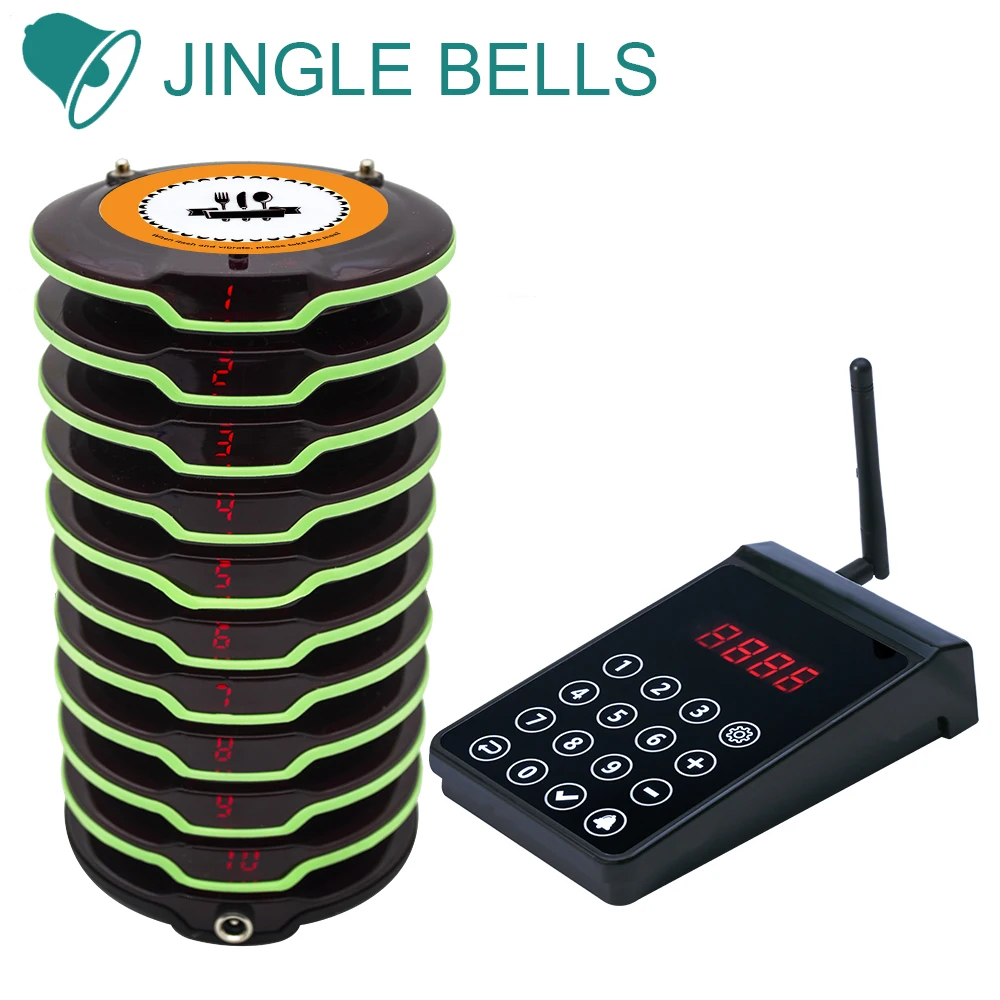 JINGLE BELLS FSK Waterproof Wireless Coaster Buzzers Paging System 10 Pagers 1 Charger Waiter Restauant Call