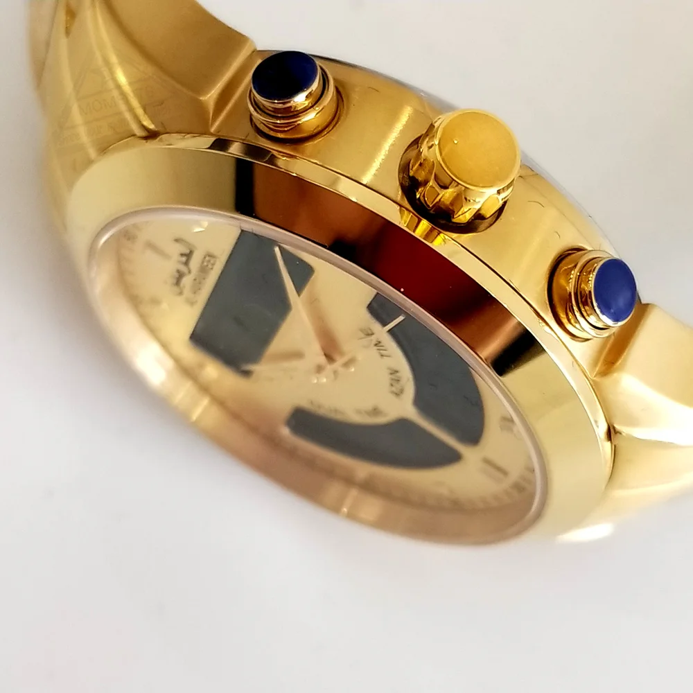 Islamic Watch with Qibla Azan Time for Muslim Prayer Clock Hijri Calendar and Compass in Gold Color Golden Wristwatch enlarge
