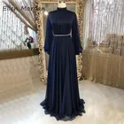 Женское шифоновое вечернее платье, темно-синее винтажное элегантное платье Вечерние высоким воротом, модель арабское, с длинными рукавами, 2020