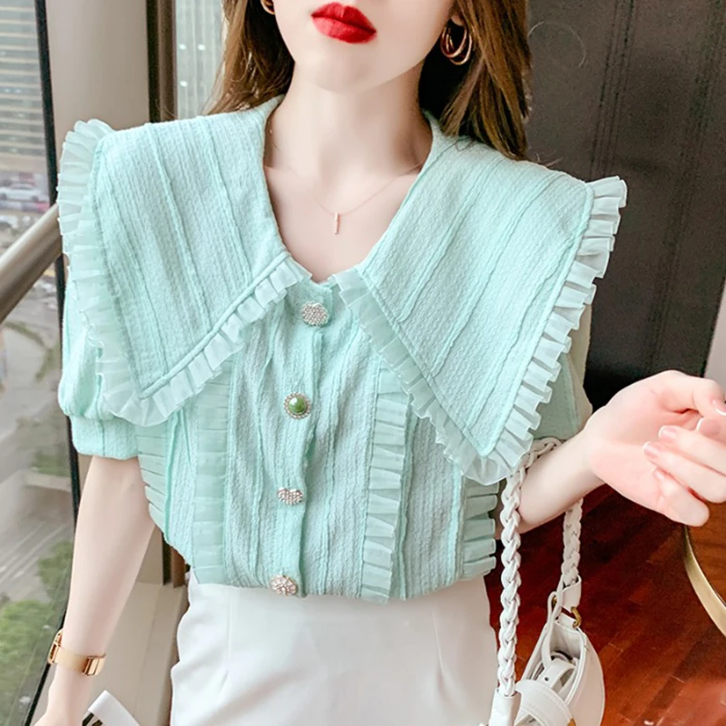 

Chic Beaded Buttons Blouse Women Summer Big Turn-Down Collar Short Puff Sleeve Loose Casual Tops Shirts Korean Sweet Top