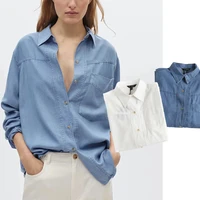 davedi england style fashion big pockets loose tencel denim blusas mujer de moda 2021 shirt blouse women and tops