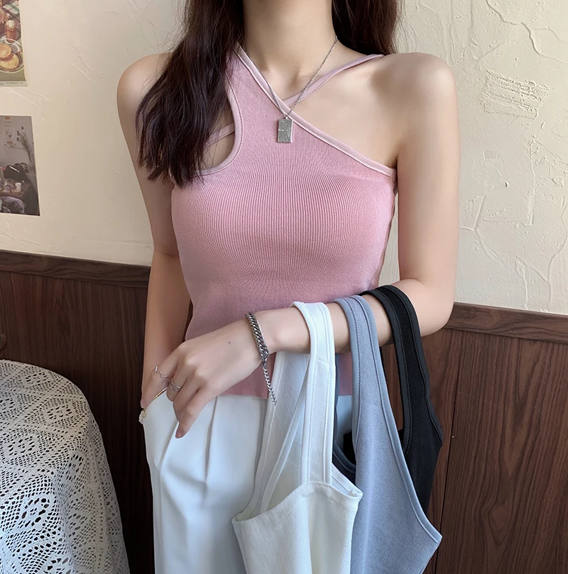 One-Shoulder Halter Vest Solid Color Knit Women Crop Top White Sexy Casual Women Top