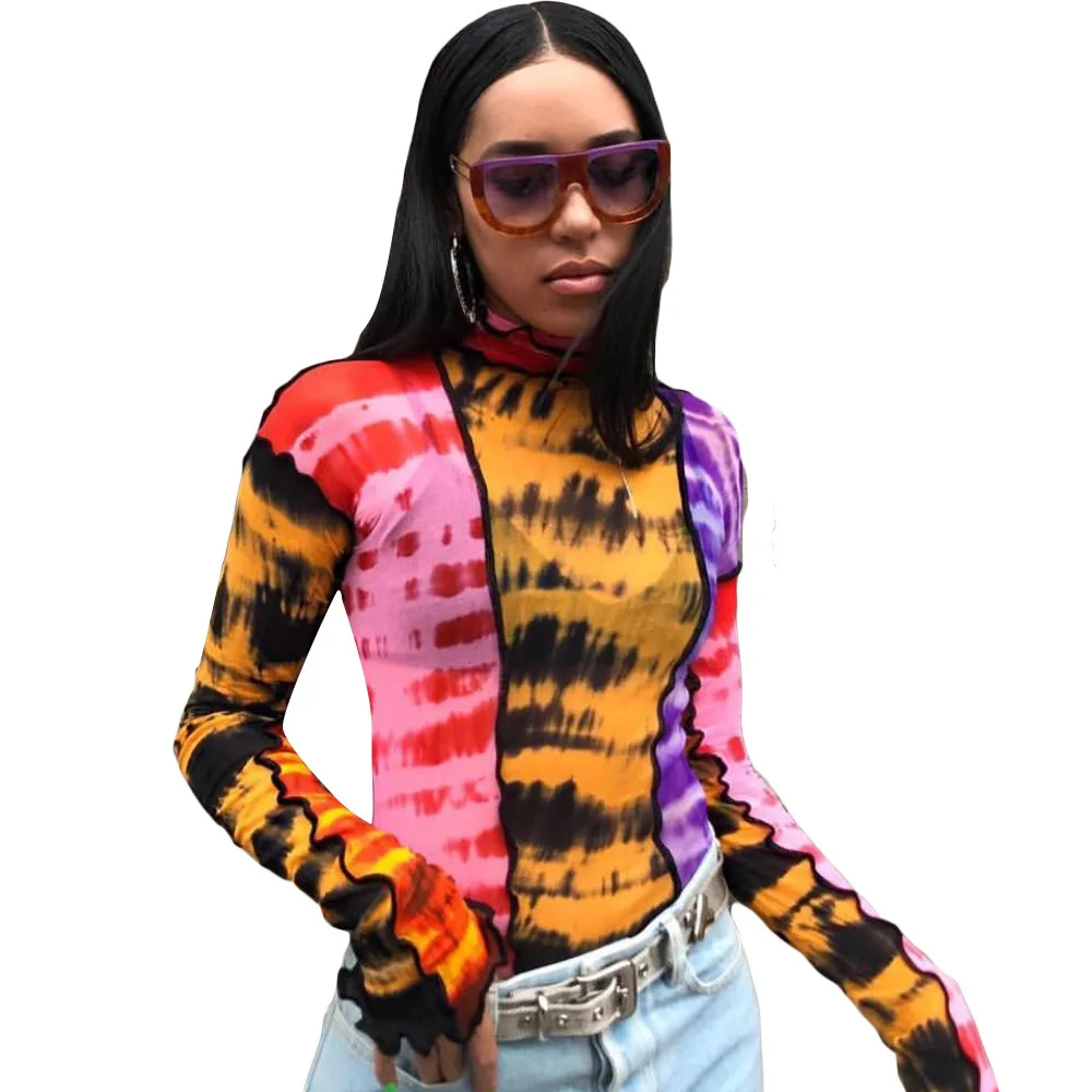 

European And American 2020 Summer New Thin Women's Fashion Printing Stitching High Neck Long Sleeve T-shirt Fashion Pullovers