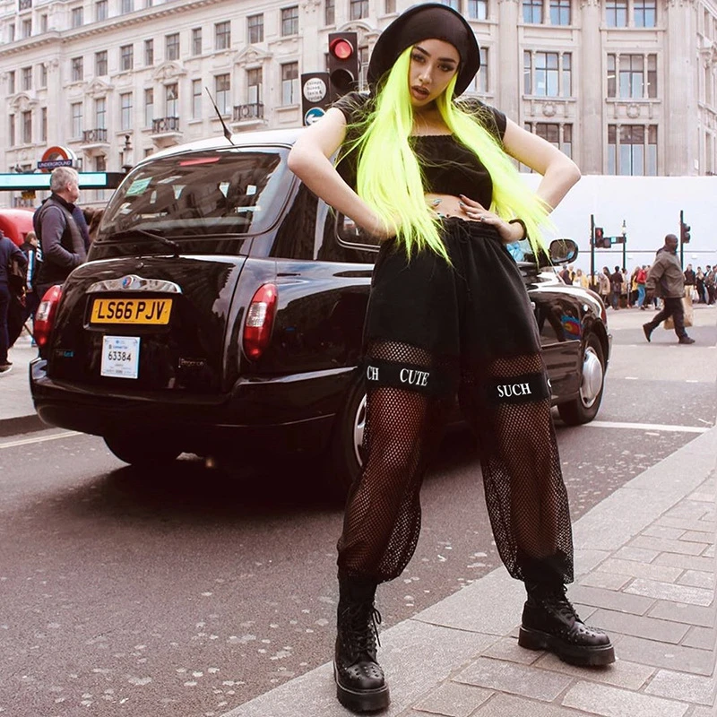 

Streetwear Loose Harajuku Sweatpants Trousers Women High Waist Pants Fashion Fishnet Patchwork Letter Hollow out Pants Bottom