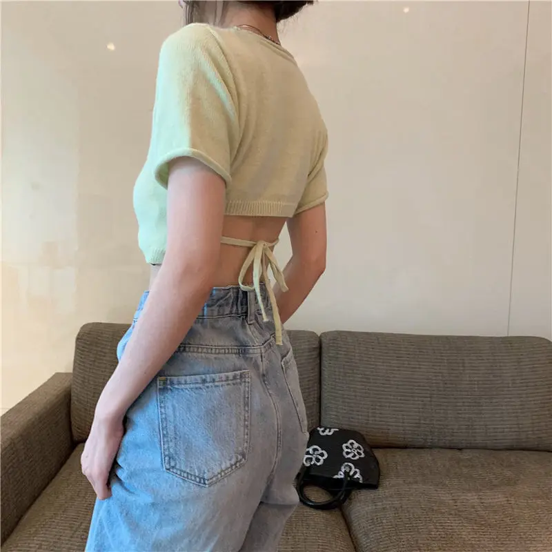 Однотонные укороченные полосатые синие футболки с круглым вырезом пуловер