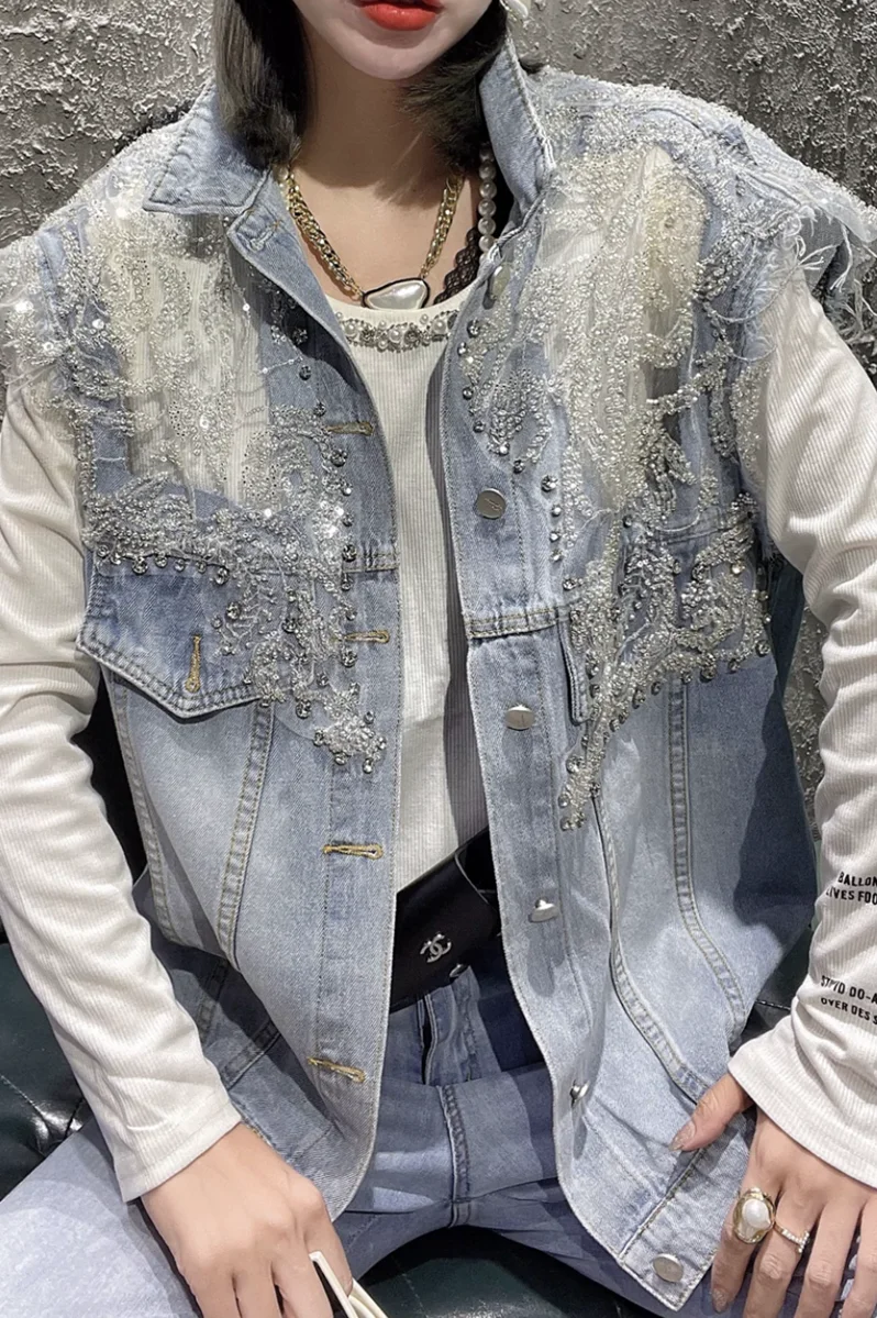 

Ladies Bright Silk Patchwork Crystal-Studded Sequins Mesh Jean Vests 2021 Summer Loose Women Denim Vest Chalecos Para Mujer