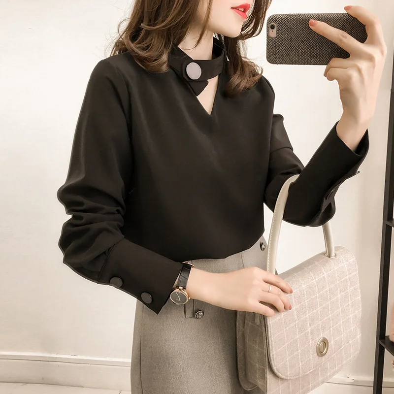 

2020 New Style Spring Fashion Porous Halter Chiffon Shirt Female Long Sleeved Top Slimming Solid Color Base Shirt