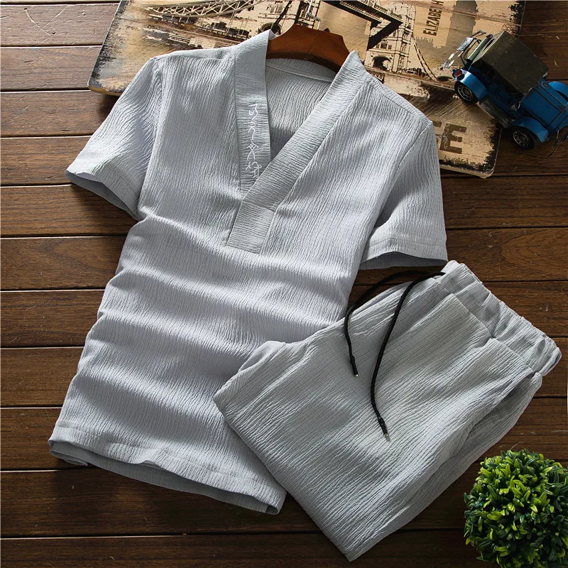 Летний вышитый Мужской комплект из двух предметов большой размер Мужская