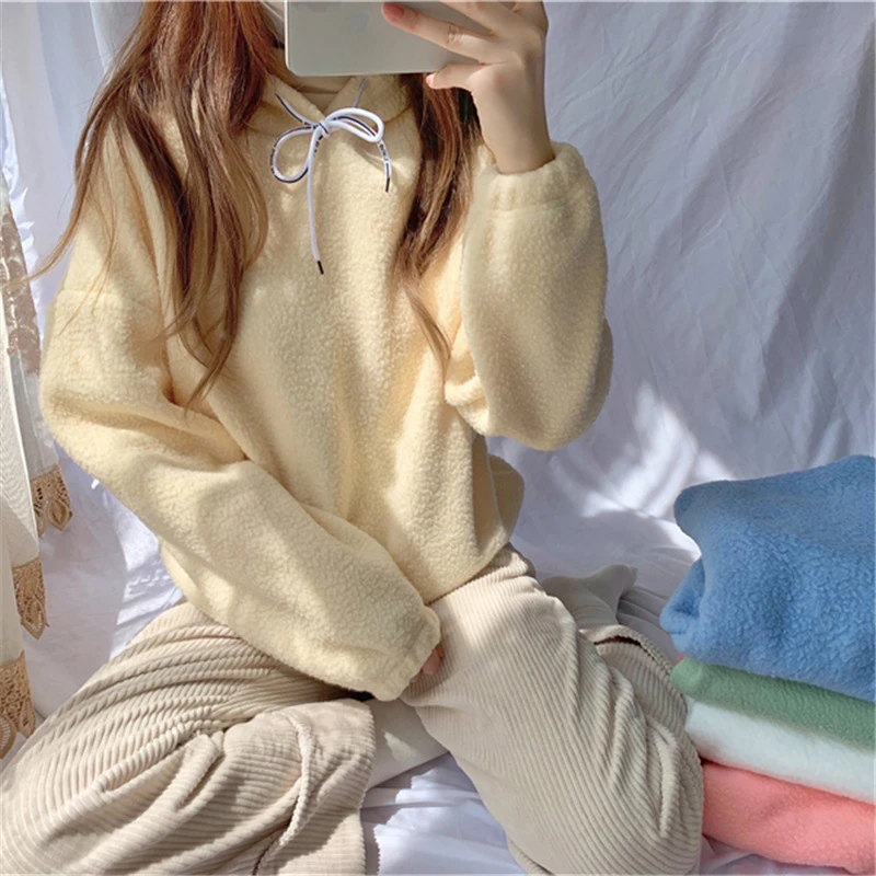 

Осень 2021, повседневные толстовки с капюшоном, женские зимние плюшевые теплые пуловеры, толстовки, свободные толстые флисовые толстовки, цве...