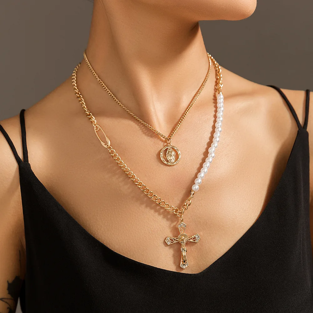 

New Fashion Cross Portrait Pendant Double Layer Necklace for Women Pearl Clavicle Chain Female Trendy Elegant Jewelry Chokers