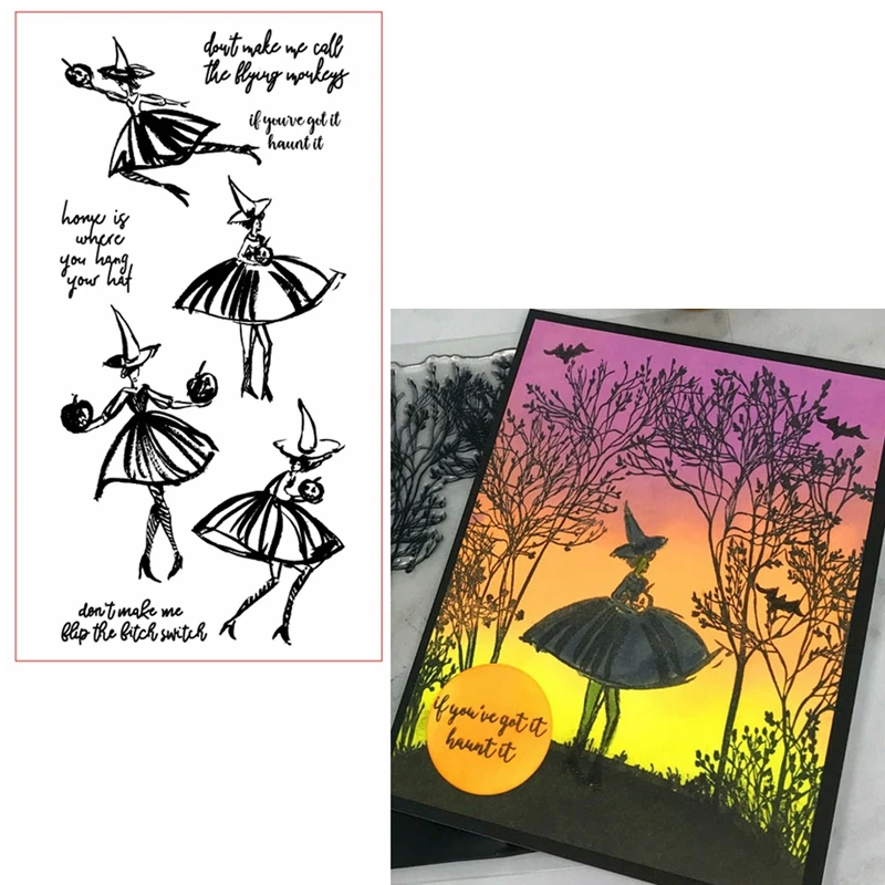 Прозрачные штампы ведьмы с тыквой для изготовления открыток своими руками
