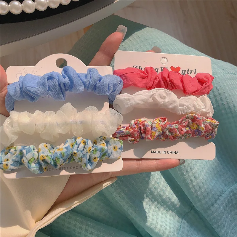 

3pcs/set Spring Colors Floral Scrunchies Sweet Blue Pink Hair Ties Rope Women Girls Fashion Elegant Hair Accessories Wholesale