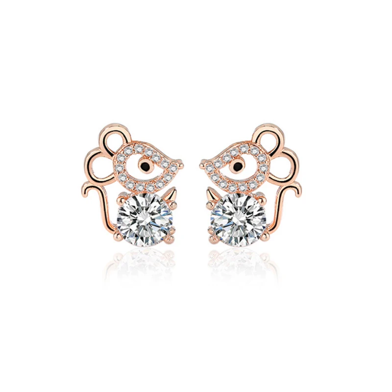 

KOFSAC 2020 Hot Sale Cute Zodiac Rats Rose Gold Earrings Women Jewelry 925 Sterling Silver Stud Earring Girl Birthday Best Gifts