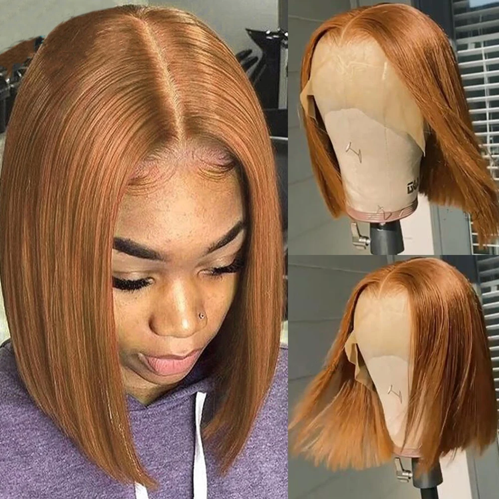 

Golden Brown Short Straight BOB lace Front Wig Middle Part Lace Wigs With Natural Hairline Human Hair Lace Wigs For Women