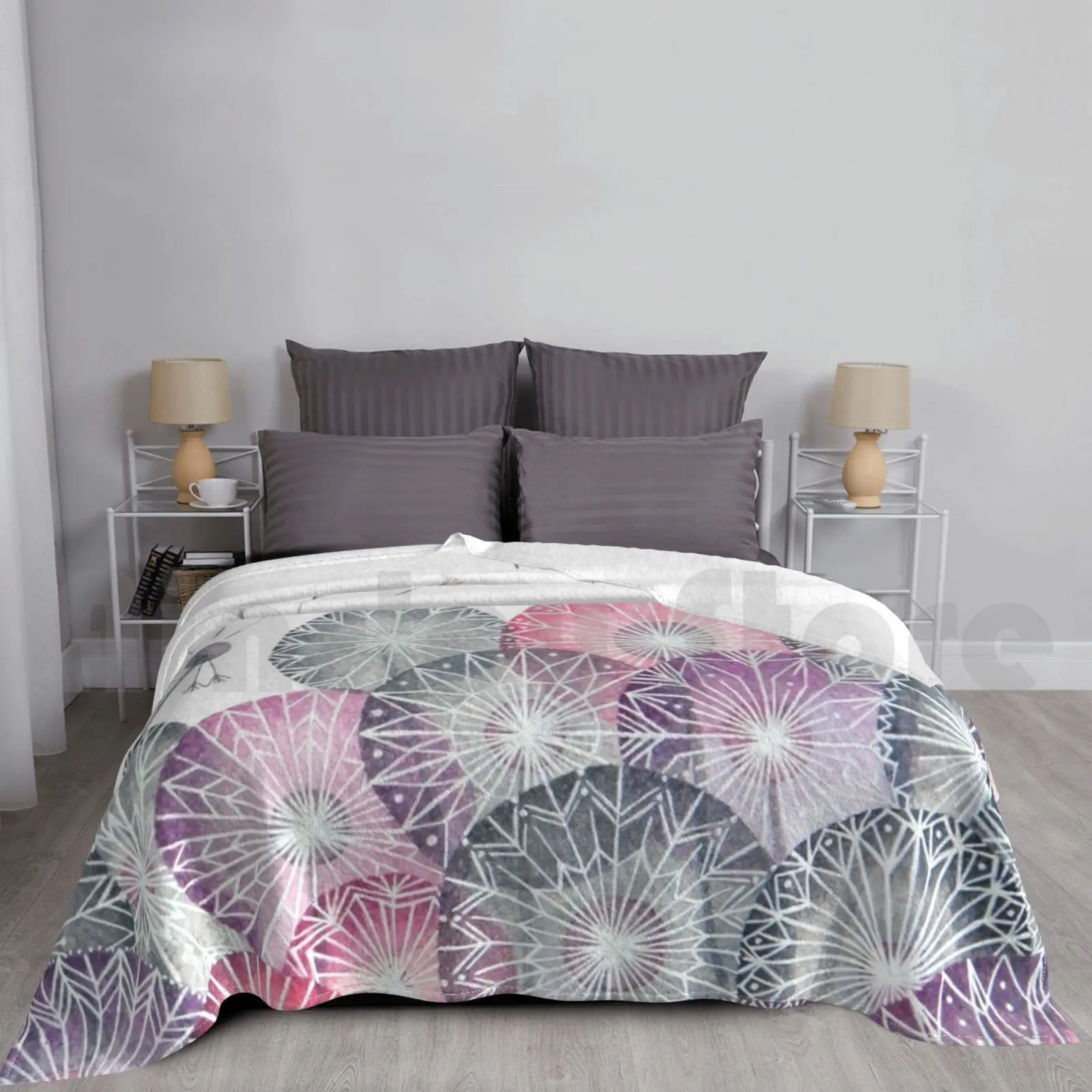 

Dandelions , Pink Flower Geometric Watercolor Blanket For Sofa Bed Travel Dandelion Dandelions Pink Grey Gray