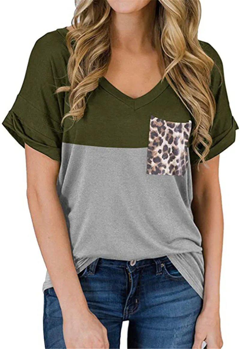 

2020 Summer Women's T shirt Fashion Casual V-neck Leopard Print Pocket T-shirt Ladies Loose Short Sleeve Tops Tee Shirt Pullover