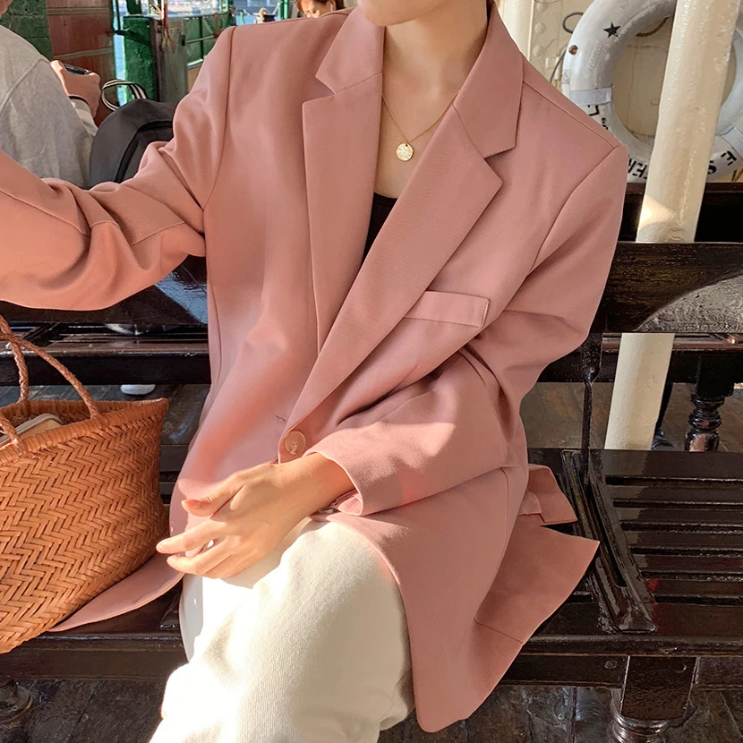 

Осенне-зимние модные женские розовые блейзеры, однобортные корейские свободные повседневные куртки