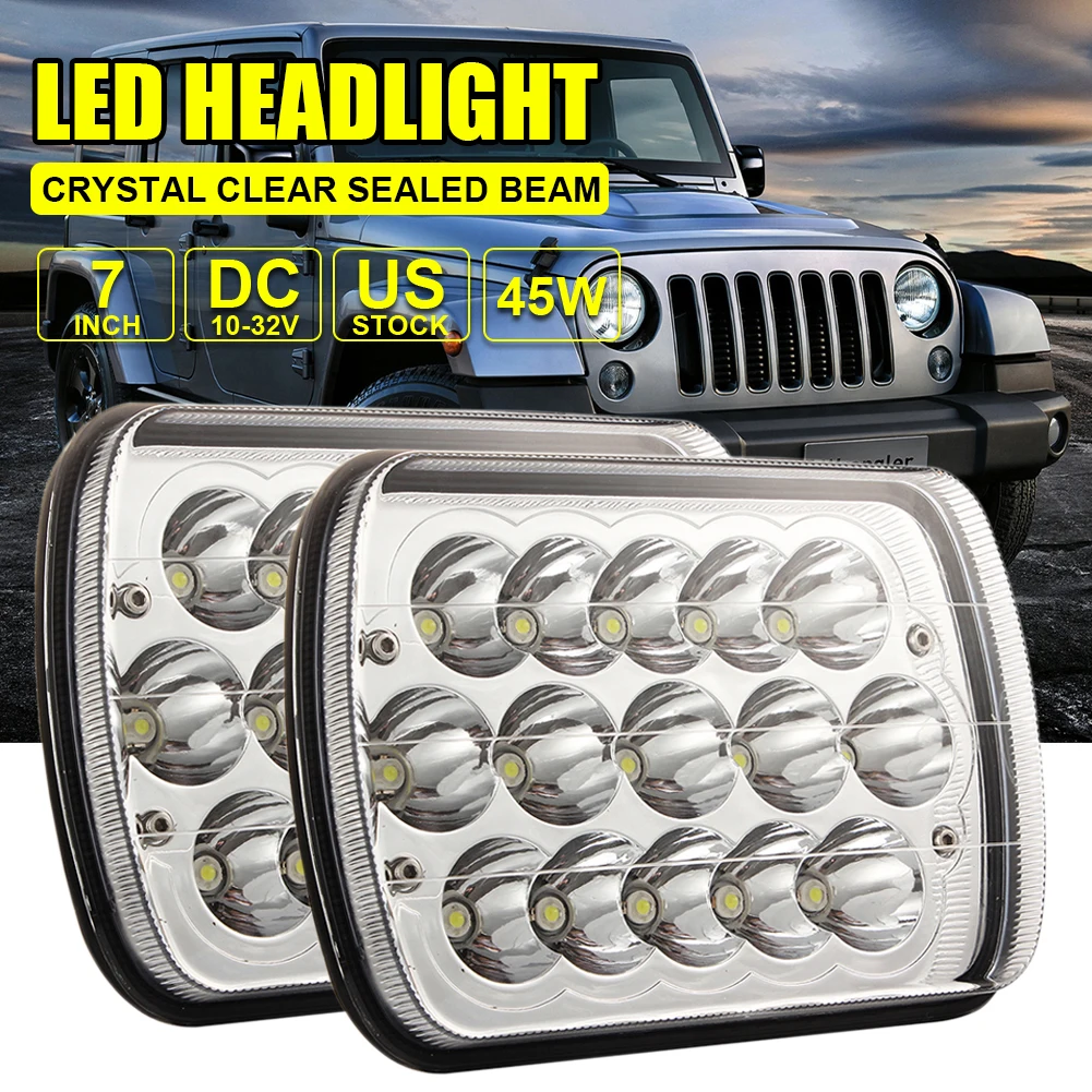 

7 Inch Car Headlight H4 5x7 Square 45W 15LED High Lumen 6000K White Driving Lights Hi/Lo Beam Waterproof for Jeep Truck Off-road