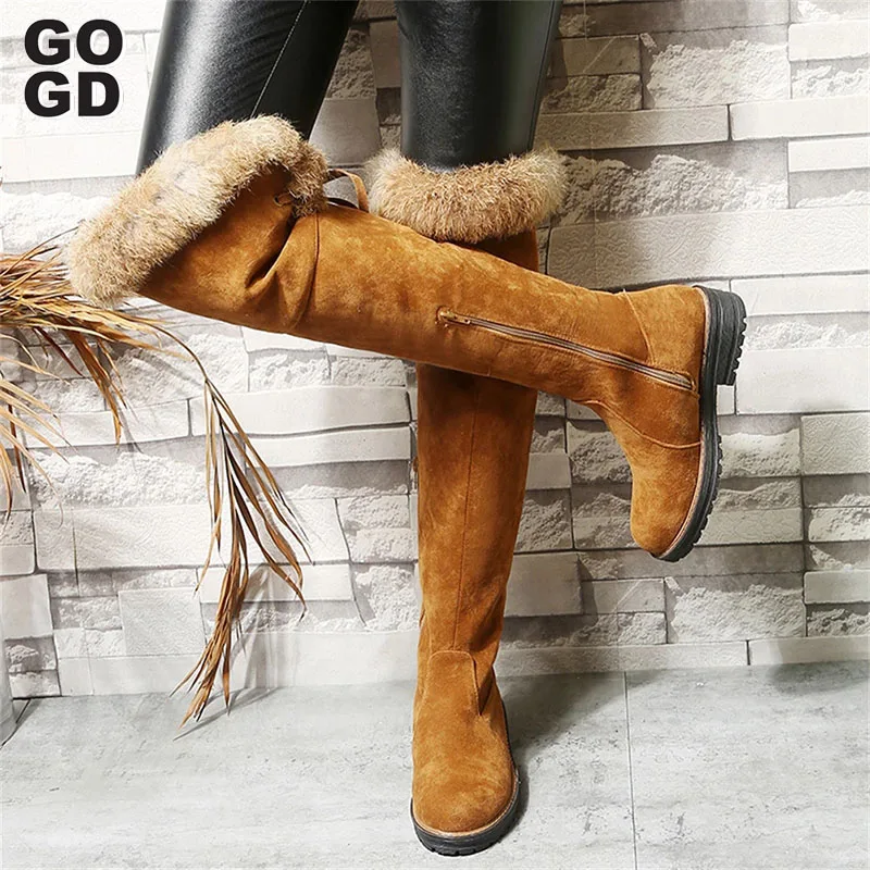 

[GOGD]Fashion Flock over-the-knee Comfy Women Boots Concise Solid Great Quality Square Heel Women plush office lady Shoes