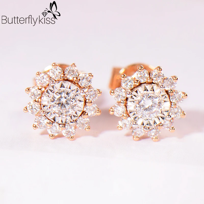 

BK 18k Genuine Gold 585 Stud Earrings For Women 1.48g Rose Gold Vs D Color Moissanite Gemstone 7*7mm Flower Shape Lady Jewelry
