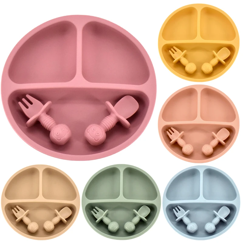 

Baby Silicone Dining Plate Set Solid Cute Smile Cartoon Children Dishes Toddle Training Tableware Kids Feeding Bowls BPA FREE