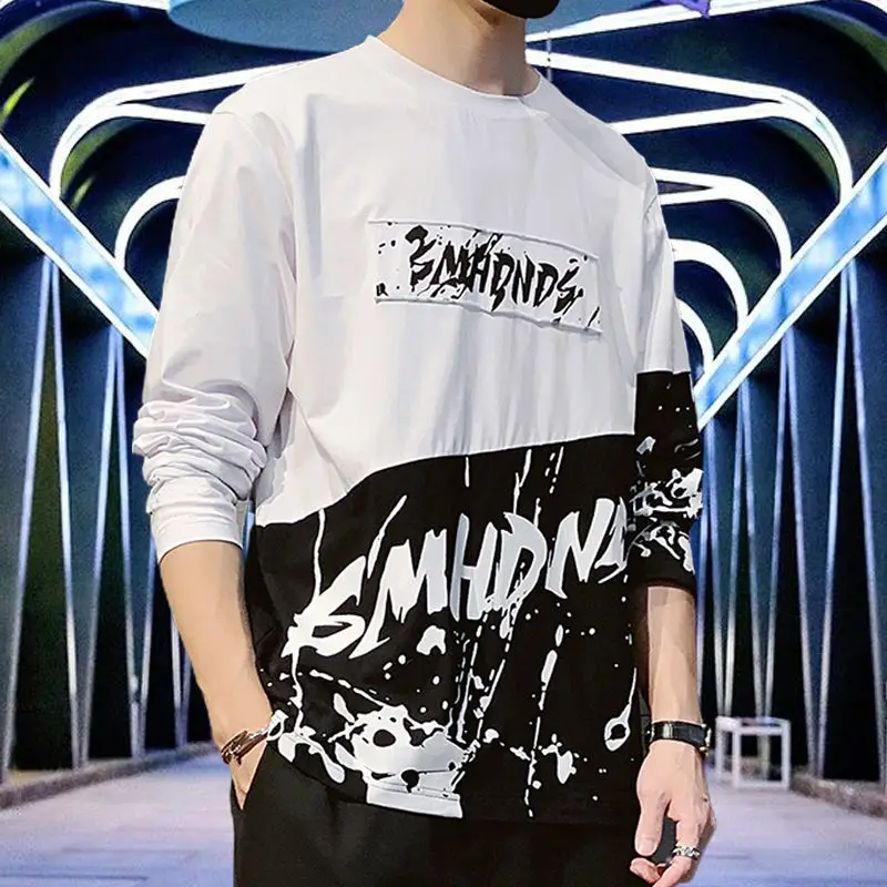 

Spring and Autumn Men's Color Matching Loose Hip Hop Harajuku Letter Print Pocket Crew Neck Top T-shirt
