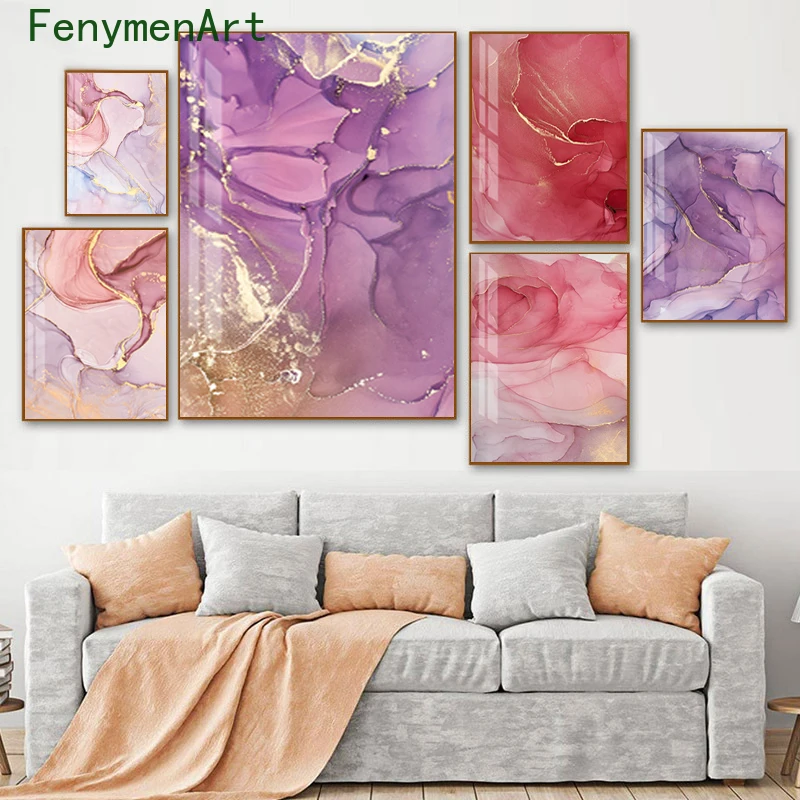 

Nordic Purple Pink Canvas Painting Golden Marbling Poster and Print Modern Wall Art Abstract Picture for Home Living Room Decor